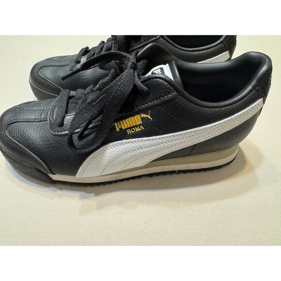 Puma Roma Women’s 7 Black White Gold Logo Leather Sneakers Excellent - Picture 2 of 7